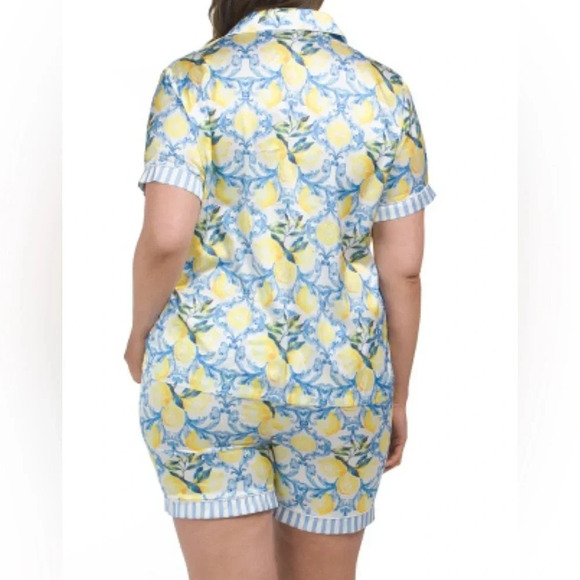 Dalia Macphee Satin Lemon Shorty Pajama Set Collared Medium 🍋 NWT!! - Picture 2 of 7
